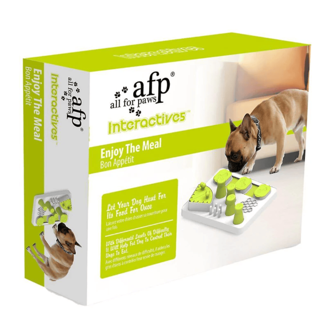 Box of 'All for Paws Interactives' dog toy with a photo of dog eating from it on the box.