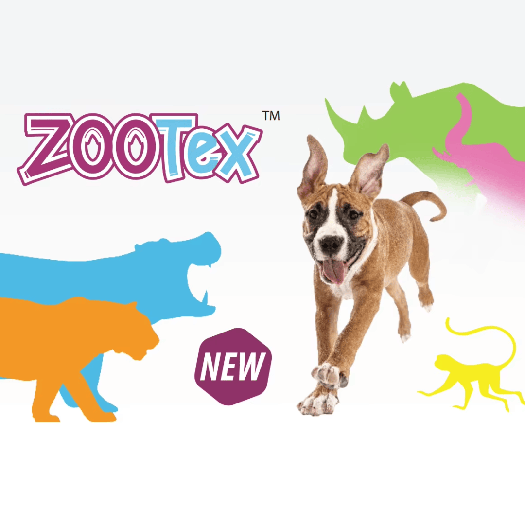 Zootex logo with a dog illustration and colorful animal silhouettes on a white background