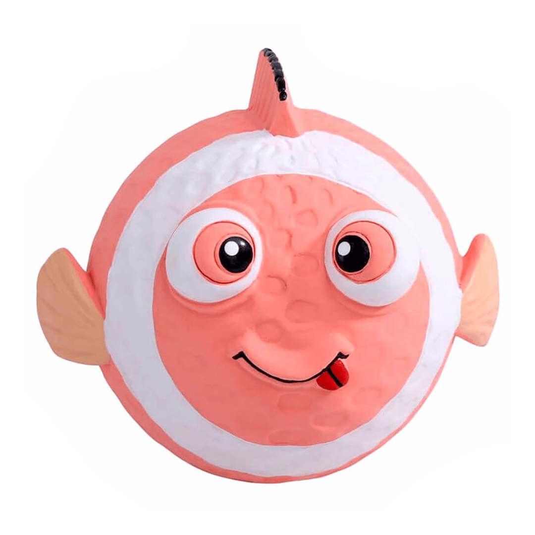 Orange and white clown fish dog toy on a white background.
