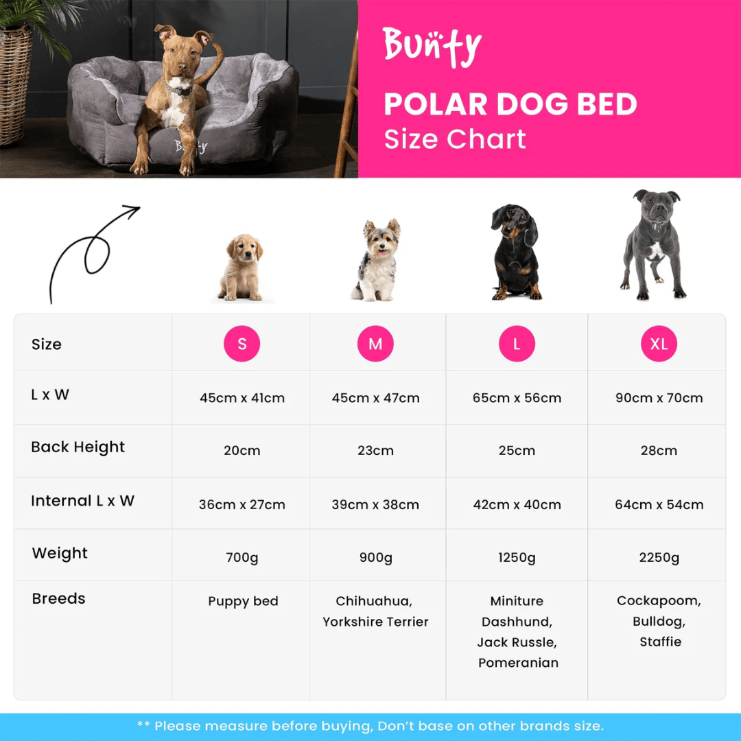 Bunty Polar Dog Bed size chart with images of dogs and dimensions.