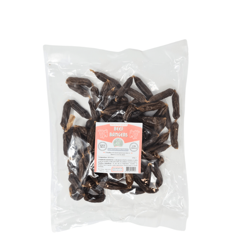 Packaged beef bangers with a label on a white background