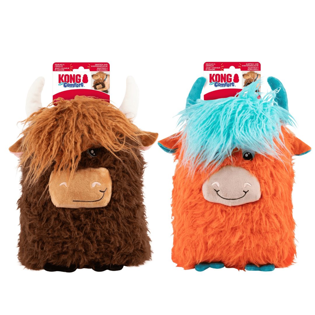 Two plush toys resembling Highland cows with one brown fur and the other orange fur, on a white background.