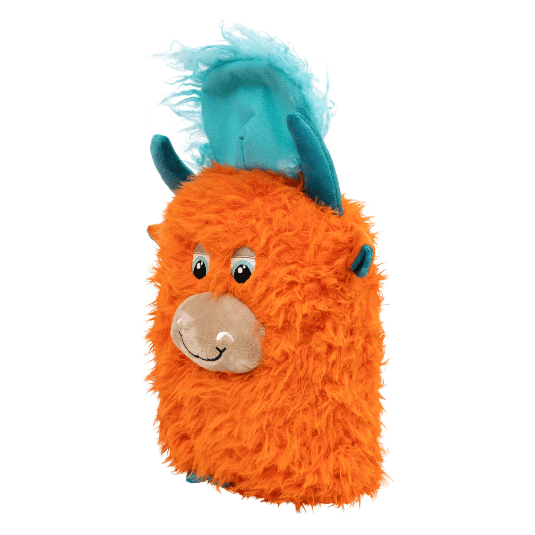 Highland cow plush toy in orange and blue