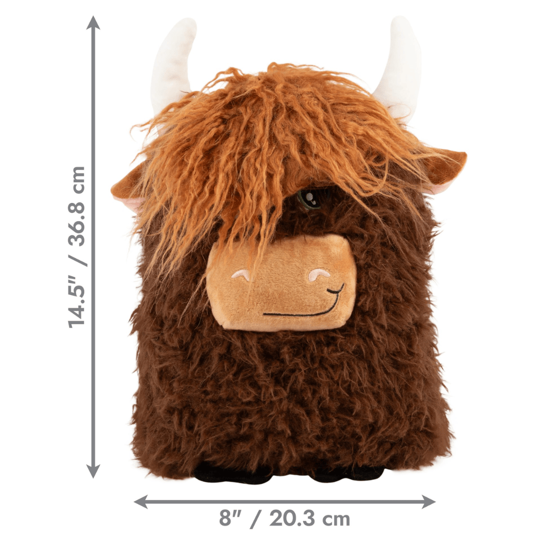 Plush toy Highland cow with dimensions on a white background
