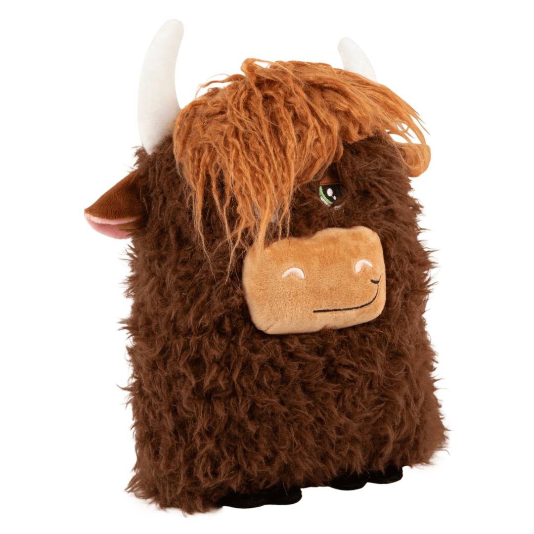 Plush toy of a brown Highland cow with white horns on a white background