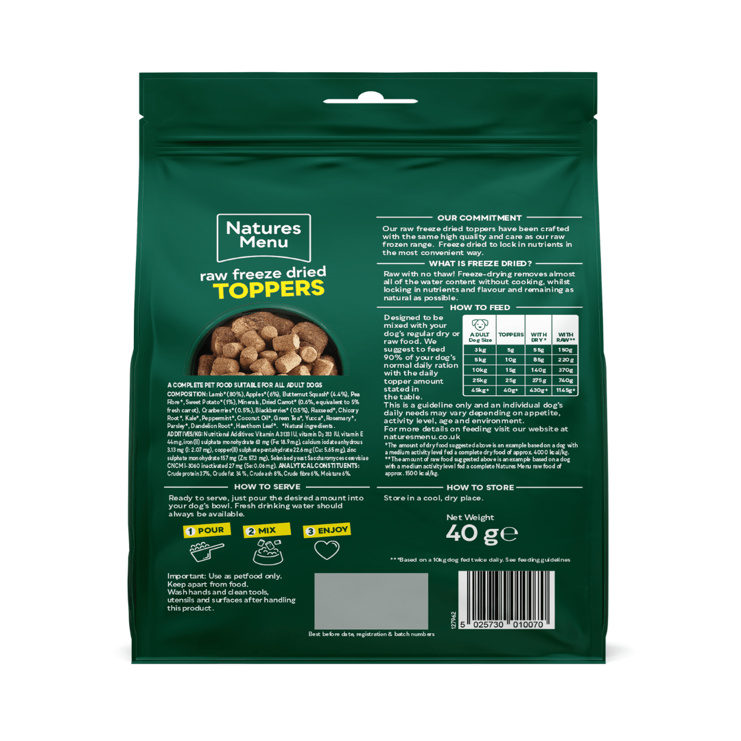 The ack of the Natures Menu Raw Freeze Dried Lamb Toppers 40g bag