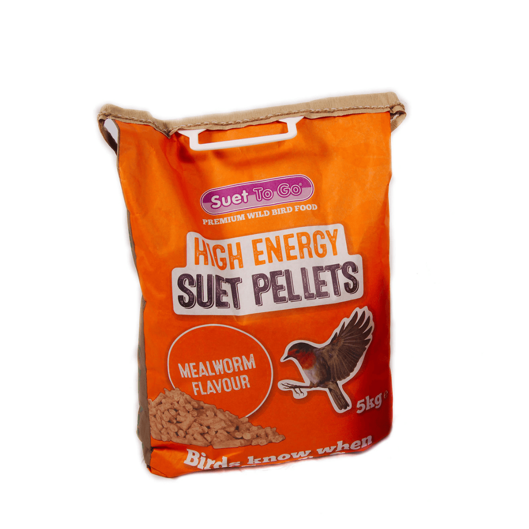 Orange bag of High Energy Suet to go mealworm suet Pellets with branding on a white background
