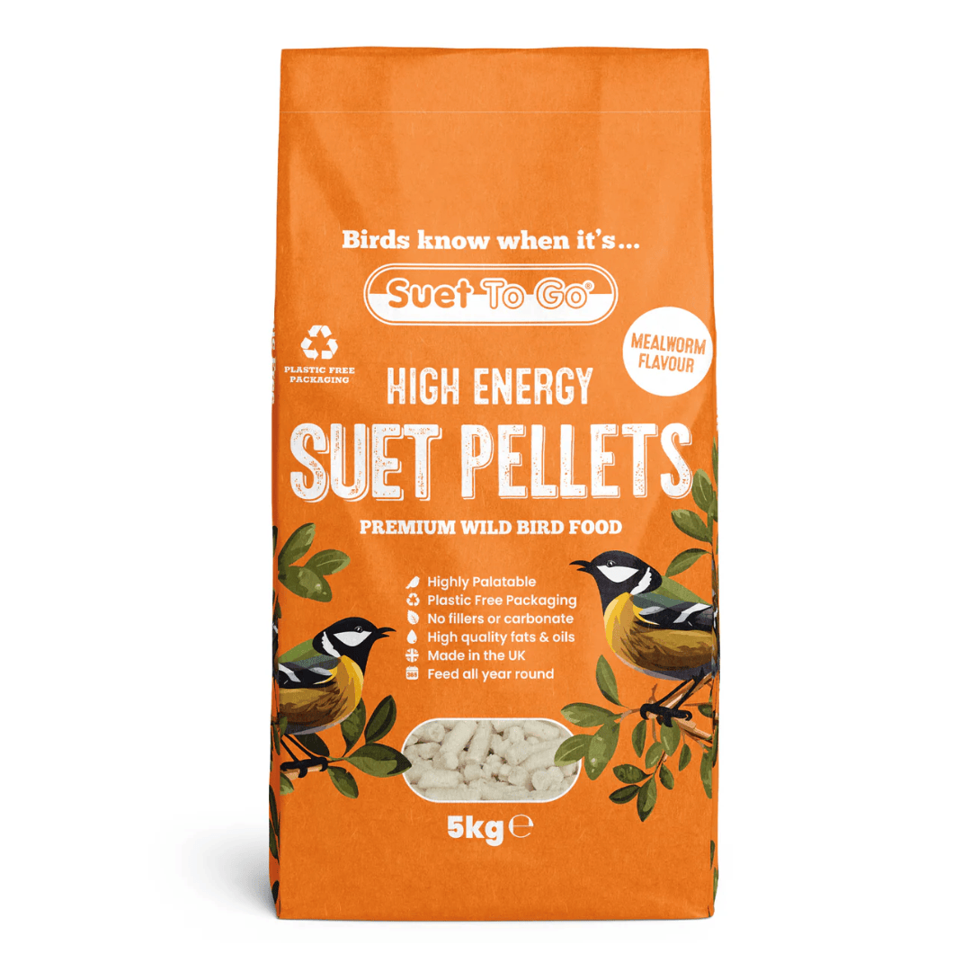 Orange bag of high energy suet to go suet pellets for birds with branding and product details.
