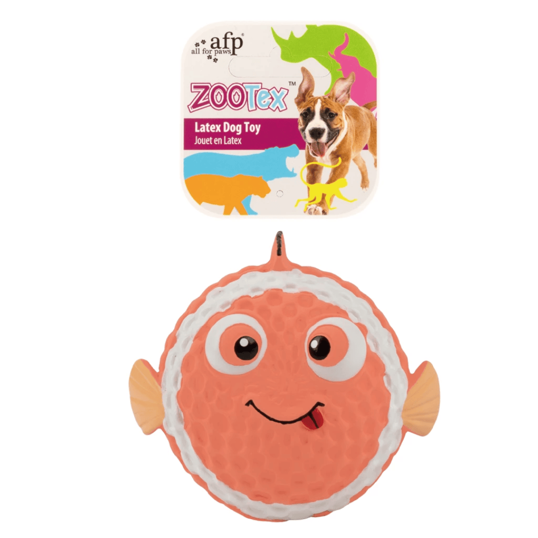 Dog toy shaped like a fish with an AFP Zootex packaging on a white background