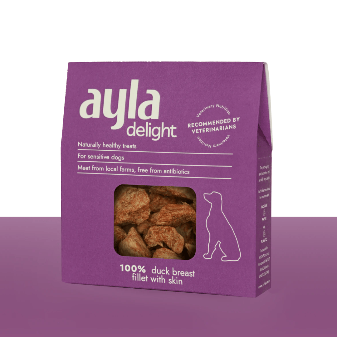 Purple packaging of ayla duck breast fillet delight dog treats on a matching purple background
