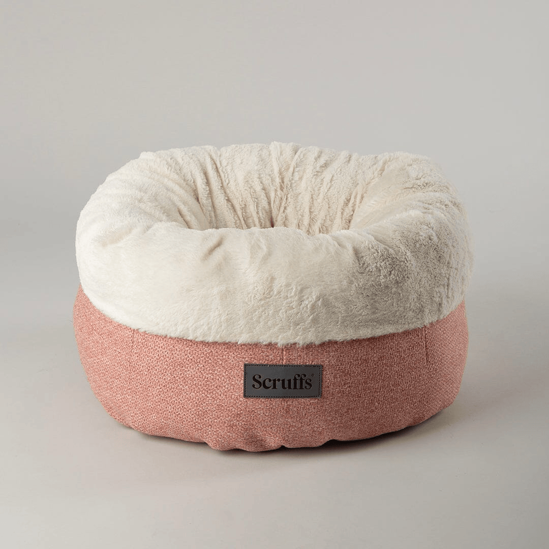 Scruffs Seattle Sanctuary Deep Round Cat Bed in coral pink against a while background