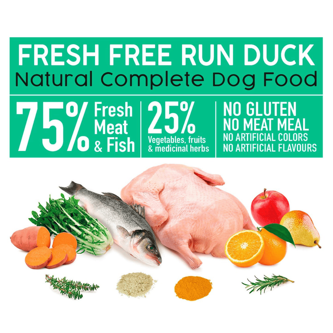 Arquivet fresh free run duck dog food with ingredients and health benefits on a white background.