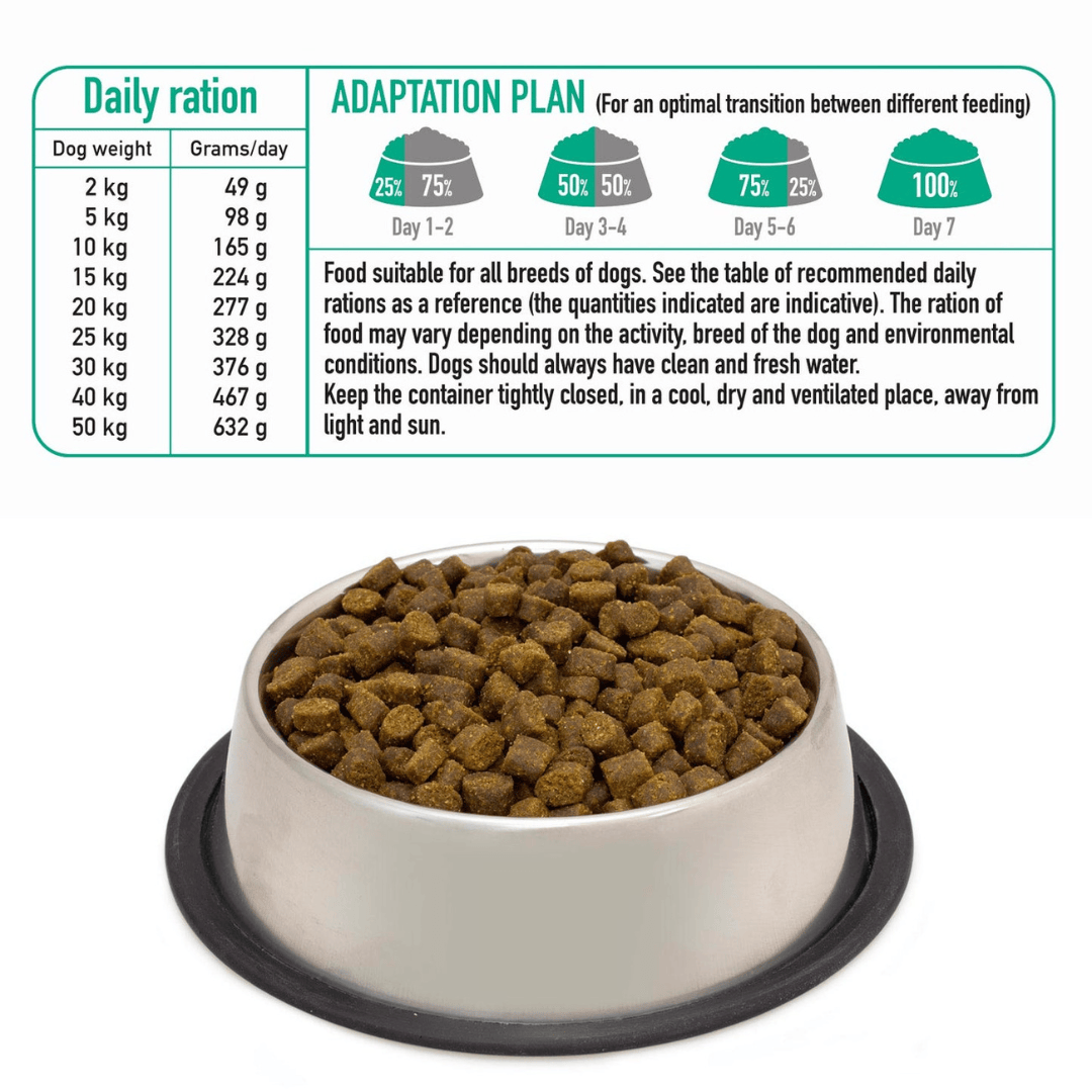 Bowl of dog food with feeding chart on a white background