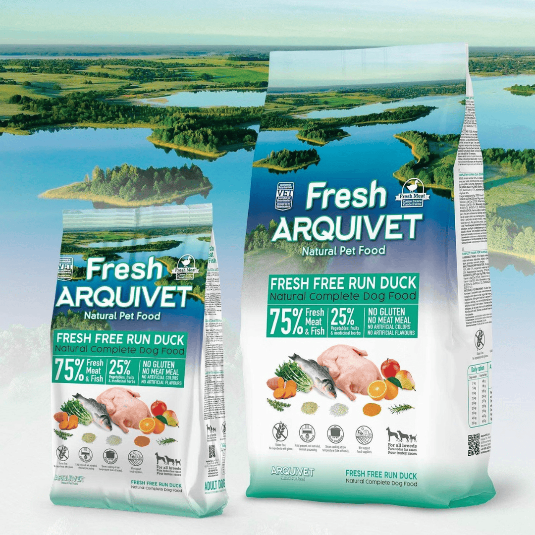 Two bags of Fresh Arquivet natural pet food with a scenic background