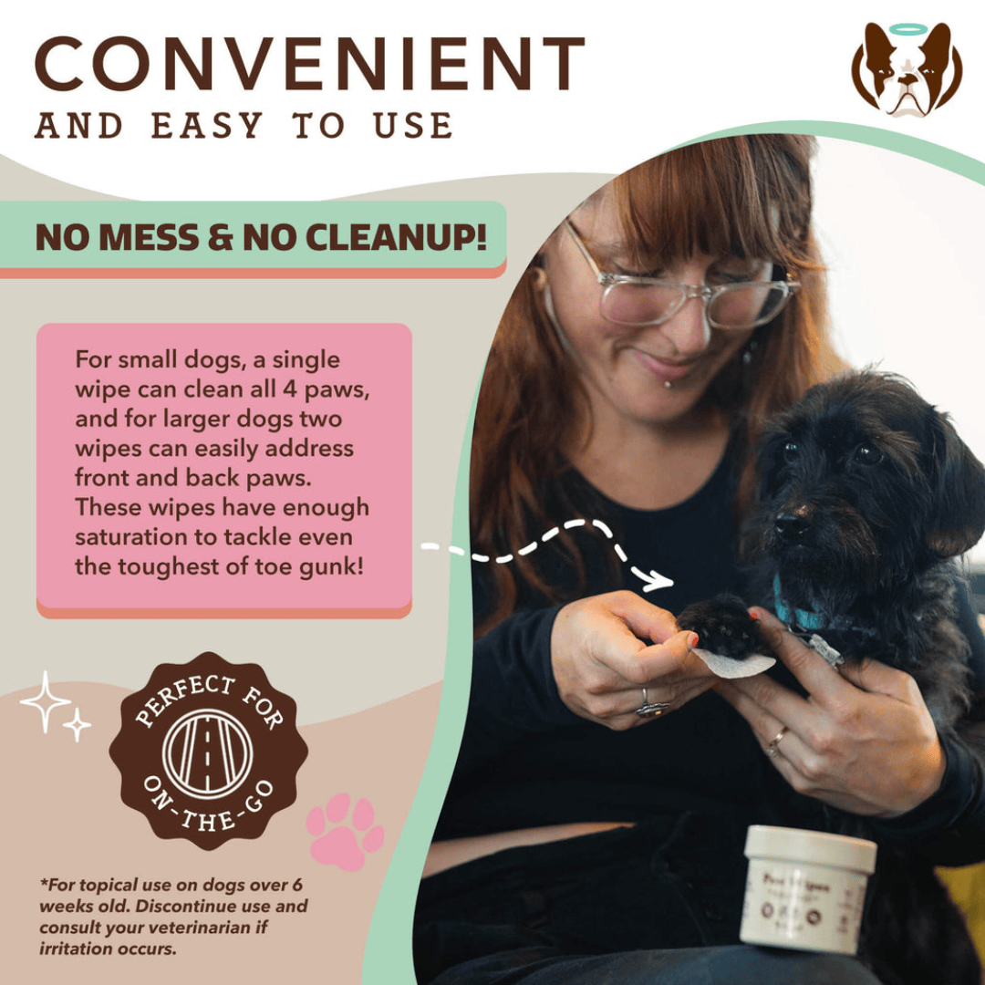 Person holding a dog and using a product with text about convenience and ease of use of the Natural Dog Company Paw Wipes.