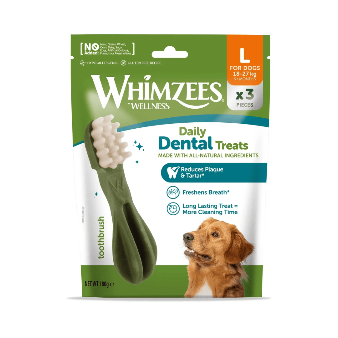 Whimzees Daily Dental Treats packaging for dogs with a toothbrush graphic and dog image on a white background.