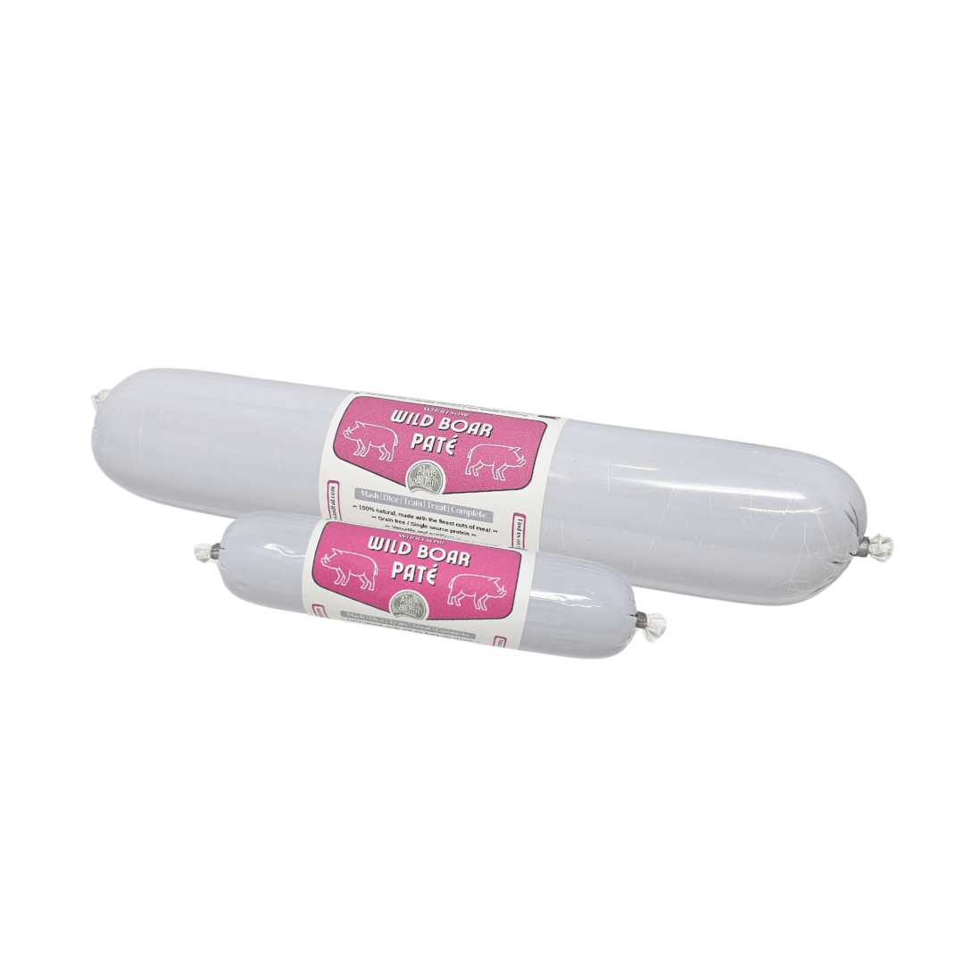Two packages of Atlas and Tail Wild Boar Pate with pink labels on a white background. 200 and 800g packages