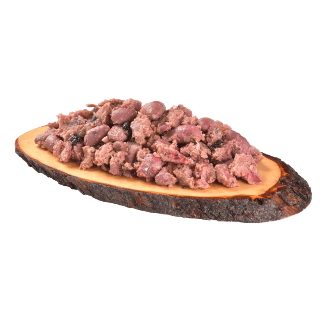 The Carnilove Salmon & Turkey wet puppy food served on a wooden dish has a chunky consistency with many different textures throughout.