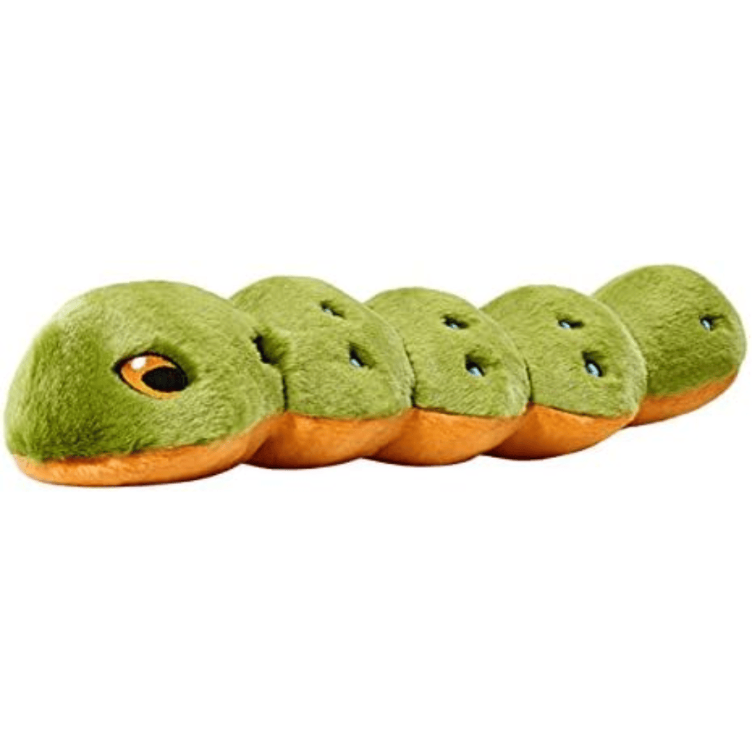 Fluff & Tuff Katie Caterpillar Plush Dog Toy against a white background. It is green in colour and has colourful stitching all over in all the details. You can see yellow peeking out from the underside.