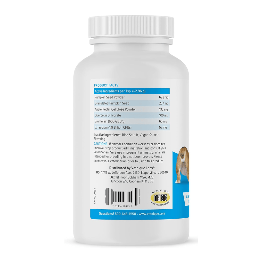 The back of a tub of Glandex Anal Gland powder for dogs and cats.