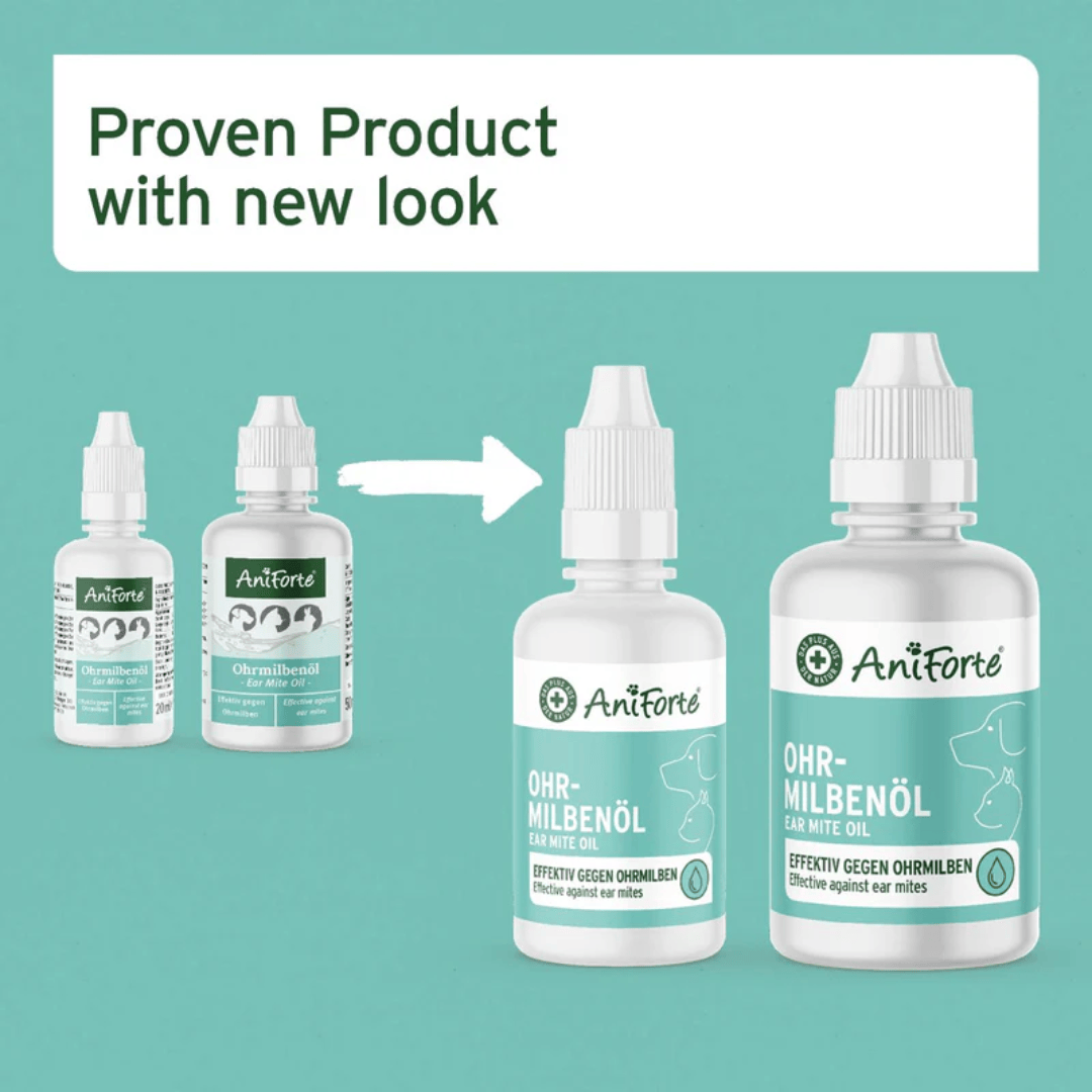 The old and new packaging for the Aniforte Ear Mite Oil.