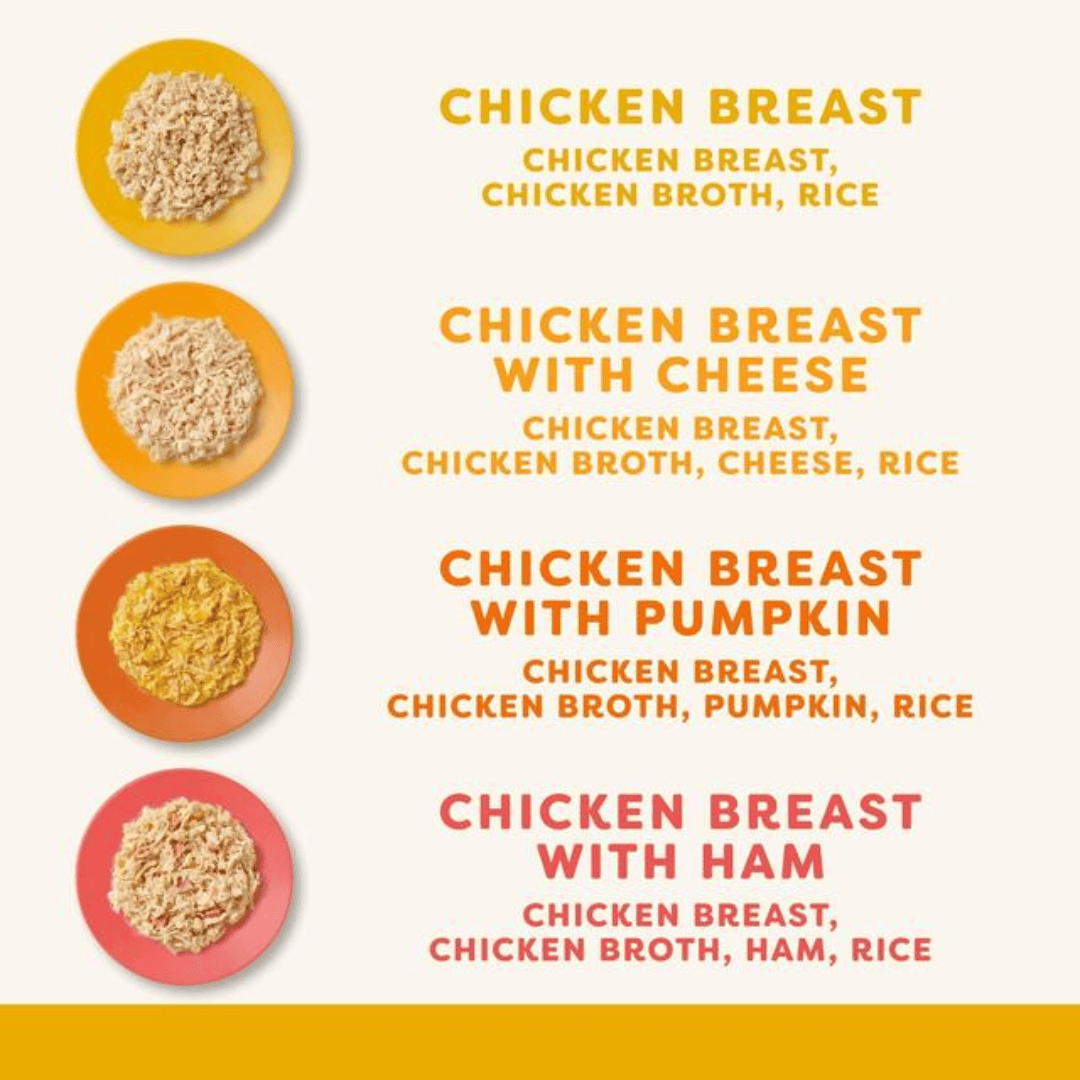 The ingredients of each flavour in the Applaws Cat Tin Multipack chicken collection. There is a photo of each food on a plate beside the lists.