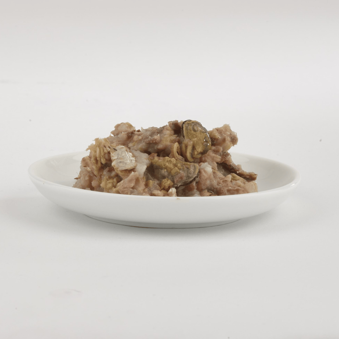 The Fish 4 Cats Sardine & cat food served on a plate with a soft, fish consistency, there are chunks of mussels too.