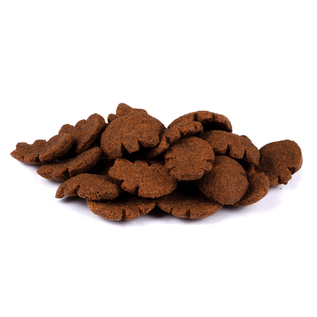 The Carnilove Mackerel with Raspberries Crunchy Dog Treats. There is a pile of loose treats against a white background. They are shaped as Fish.