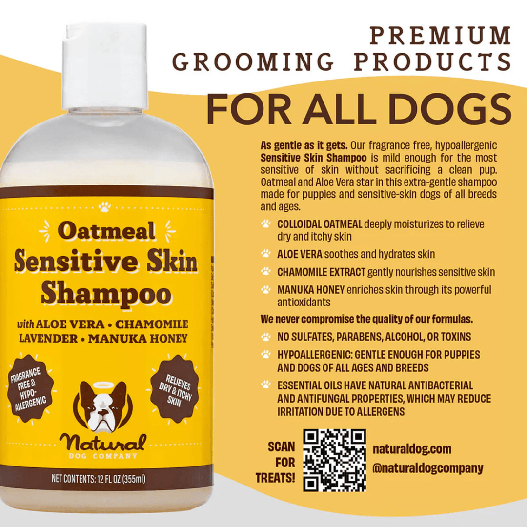 An infographic explaining all you need to know about the Natural Dog Company Oatmeal Sensitive Skin Shampoo