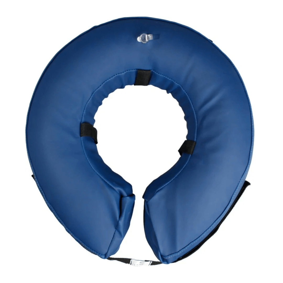 Blue inflatable neck collar on a white background
