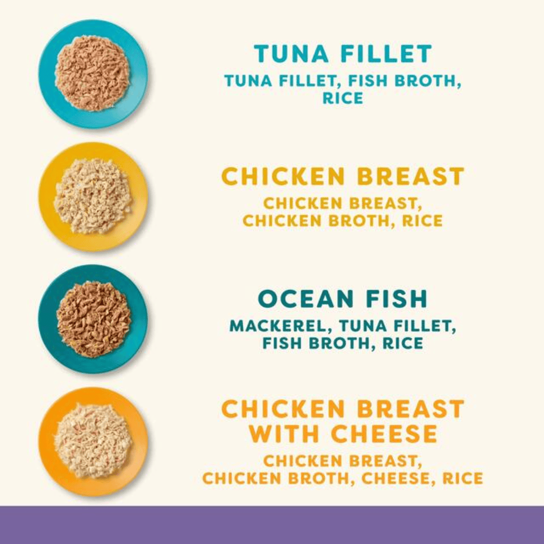 Ingredients in each flavour of the Applaws wet cat food tins Supreme Selection multipack. Images of each flavour on a plate beside the lists.