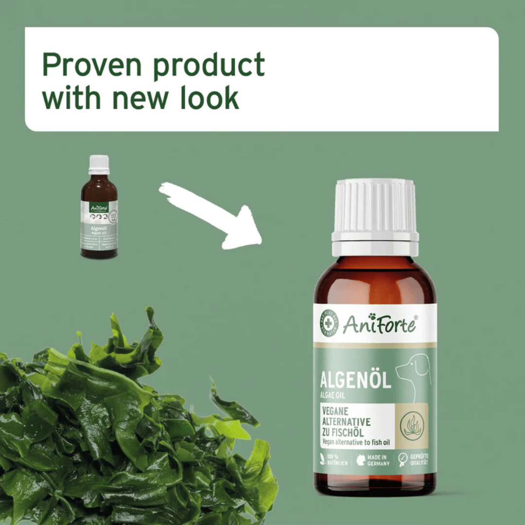 The older and new packaging of the Aniforte Algae Oil 50ml