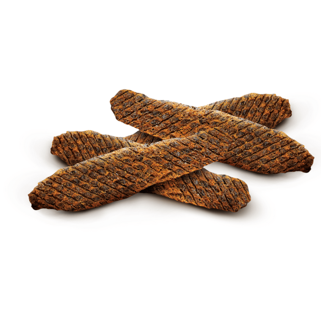 Carnilove Duck with Herring Meat Jerky loose on display against a white background.