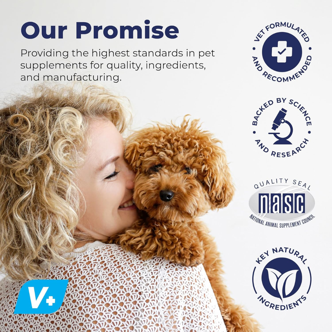 Woman hugging a small red dog with icons and text saying "Vet formulated, backed by science, nasc quality seal and key natural ingredients."