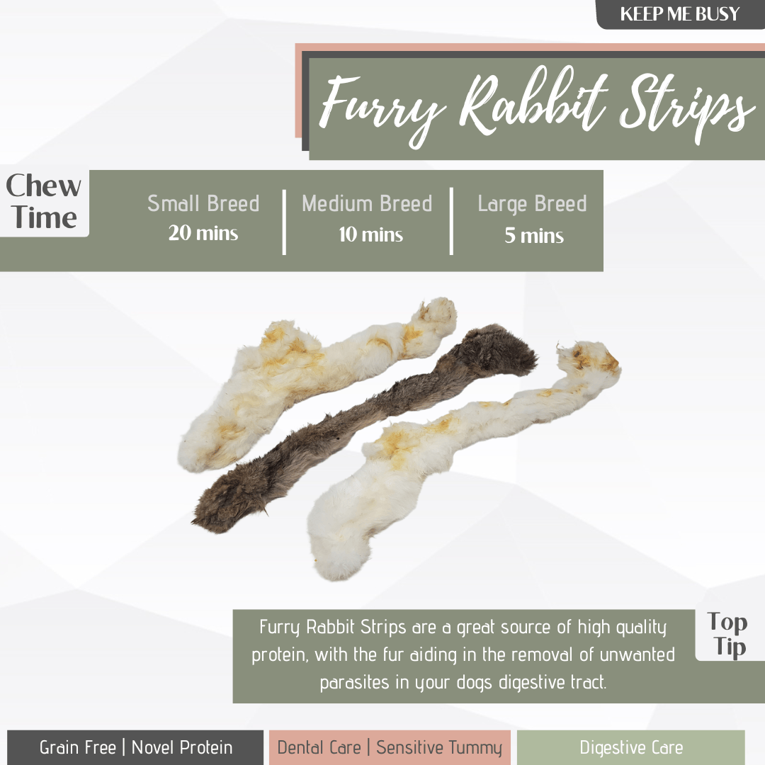 Furry Rabbit Strips for dogs with product details on a white background
