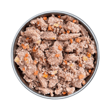 Fidelis pork menu in a metal bowl. Pieces of pork meat and vegetables.