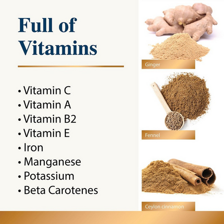 An infographic by Karnlea listing the vitamins and minerals that are found the the Karnlea Pumpkin& Spice powder.