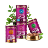 Various flavours of Champer wet dog food tins.