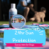 An image of the Sunscreen Lotion for Dogs 200ml and the Sunscreen Cream for Dogs 150g on a cooling mat. there is bubbles, a person and a dog in the background. States " 24hr Sun Protection" and "Sunscreen for Dogs"