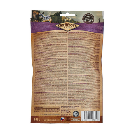 The back of the Carnilove Quail with Oregano soft snacks packaging.