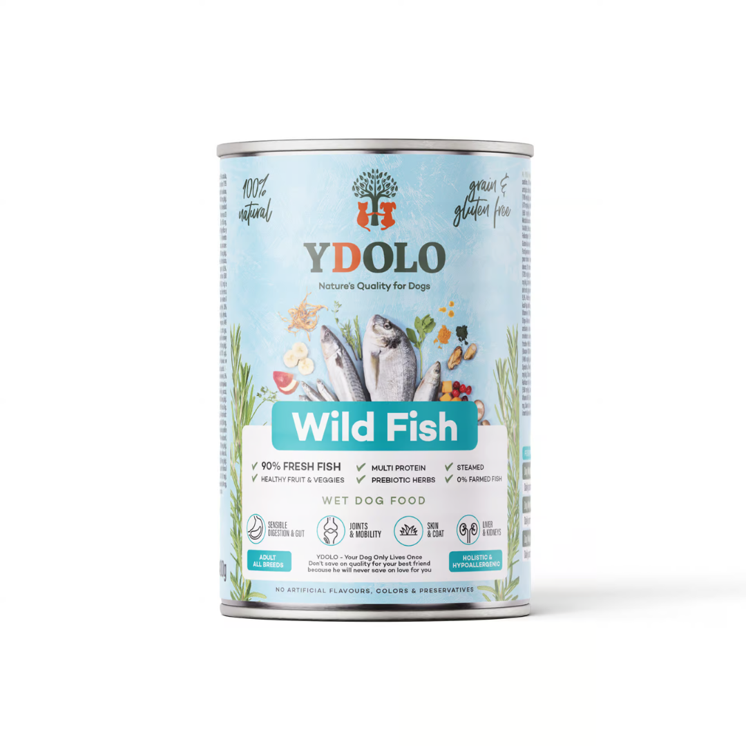 YDOLO Wild Fish Wet Food 400g tin against a white background.