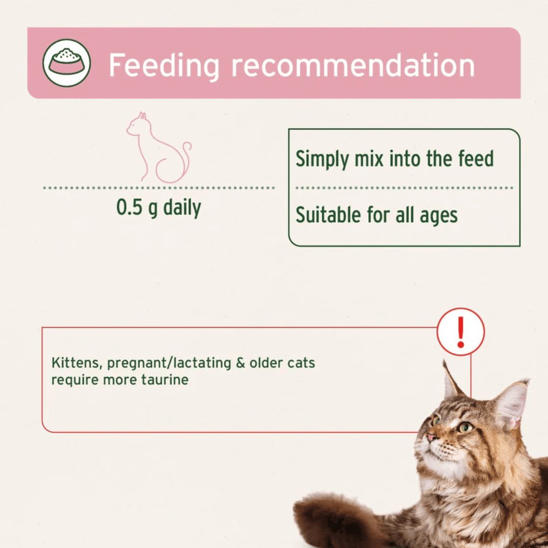 Feeding guidelines for Aniforte Taurine Powder for Cats. 
