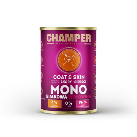 Champer Skin and Coat Beef wet dog food.