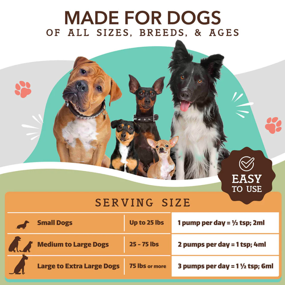 Feeding guidelines of the Bottle of Natural Dog Company Calming Oil.