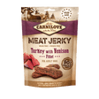 Carnilove Turkey with Venison jerky dog treats. The packaging is against a white background.