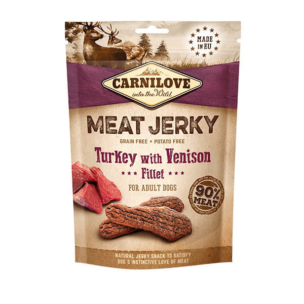 Carnilove Turkey with Venison jerky dog treats. The packaging is against a white background.
