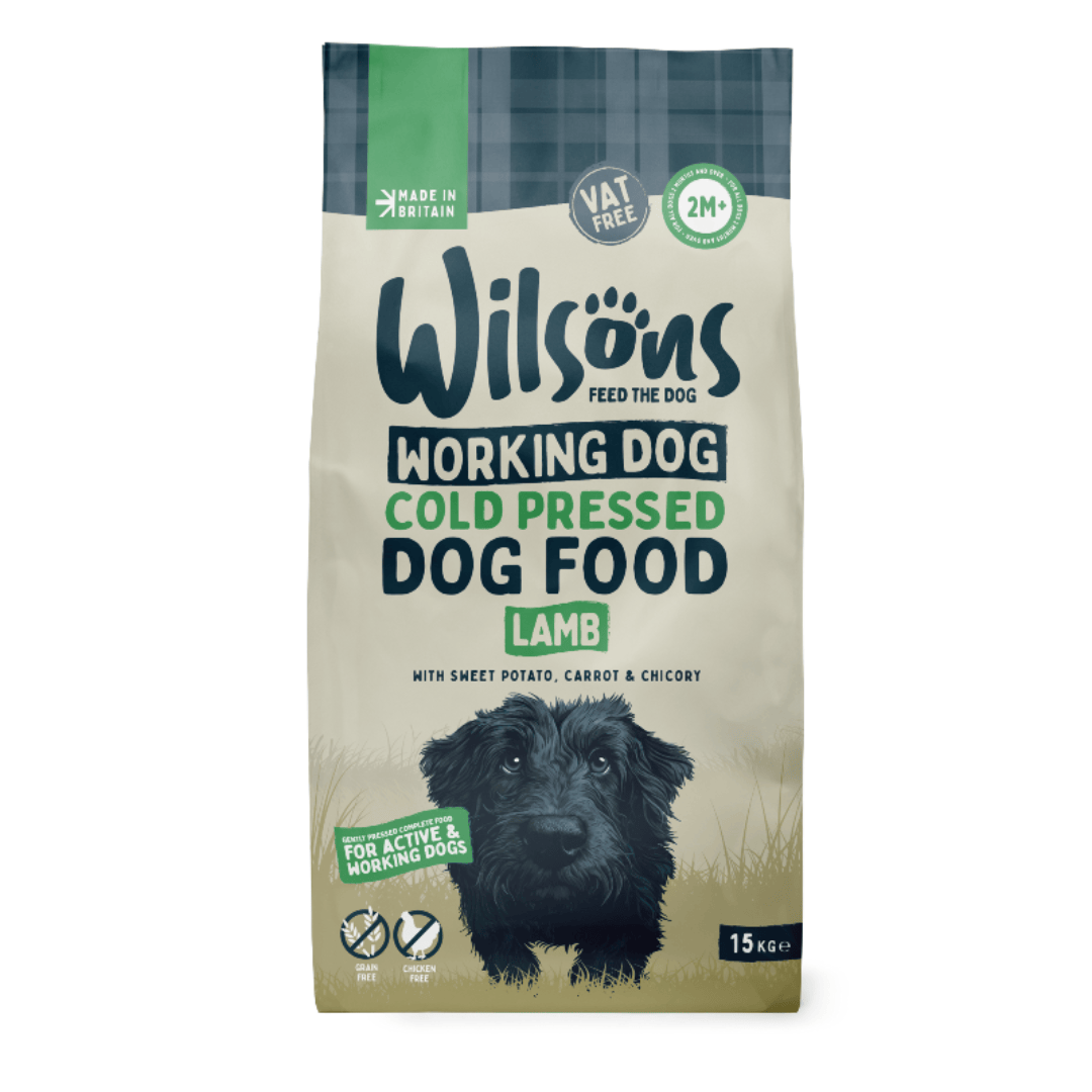 Bag of Wilsons Working Dog Cold Pressed Dog Food with a black dog illustration on a beige background