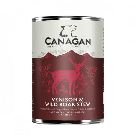 Canagan Venison and Wild Boar Stew Wet Food 400g against a white background.