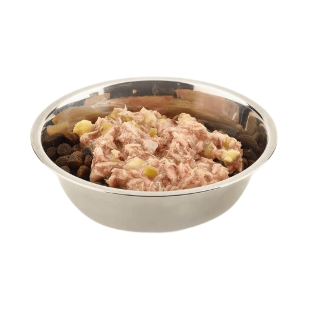 Stainless steel bowl of Fish 4 Dogs Finest Tuna with Sweet Potato and Green Bean Complimentary wet dog food.