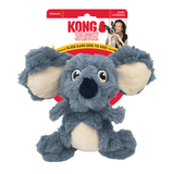 Kong Scrumplez Koala against a white background. It is still in it's packaging. Packaging explains the toy has a squeaker and the ears slide side to side.